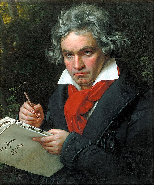Een portret van Ludwig van Beethoven. Beethoven houdt de partituur van zijn Missa Solemnis in de hand
