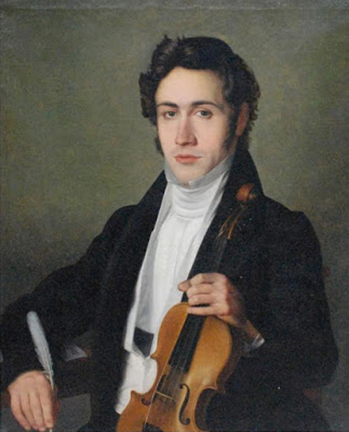 Een portret van Niccolo Paganini als jonge vioolvirtuoos